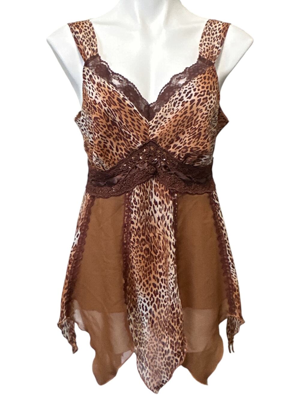 New York City Design Co Leopard Print Y2K Vtg Beaded Lace Camisole Top Women M